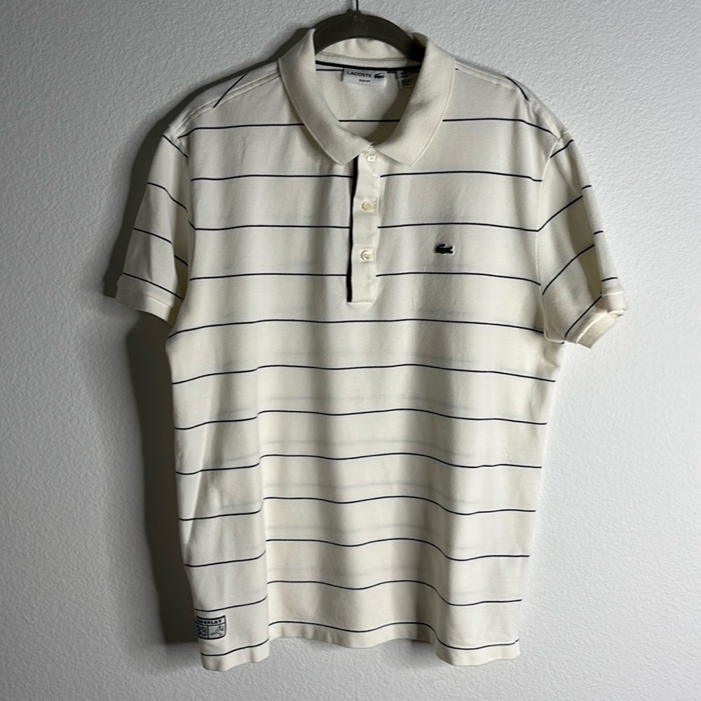 Lacoste Slim fit 100% Cotton Cream Polo with thin navy/black stripes SIZE XL